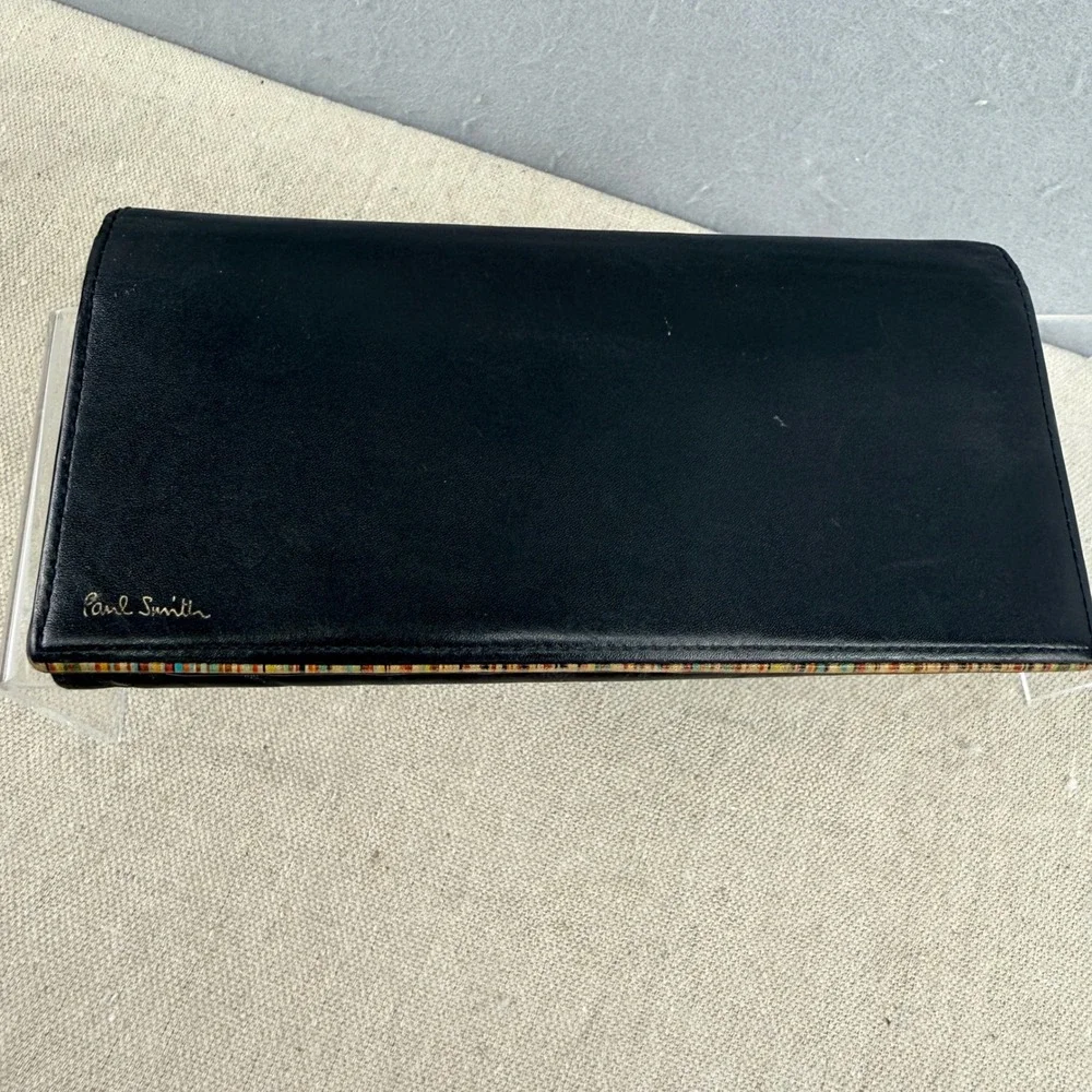 Paul Smith Black Leather Signature Stripe Continental Wallet Long Zip Pouch